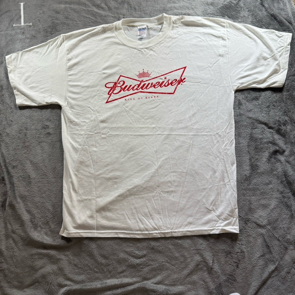 Vintage Budweiser Shirt Mens XL White Y2K King Of Beers Gildan Heavyweight Faded
